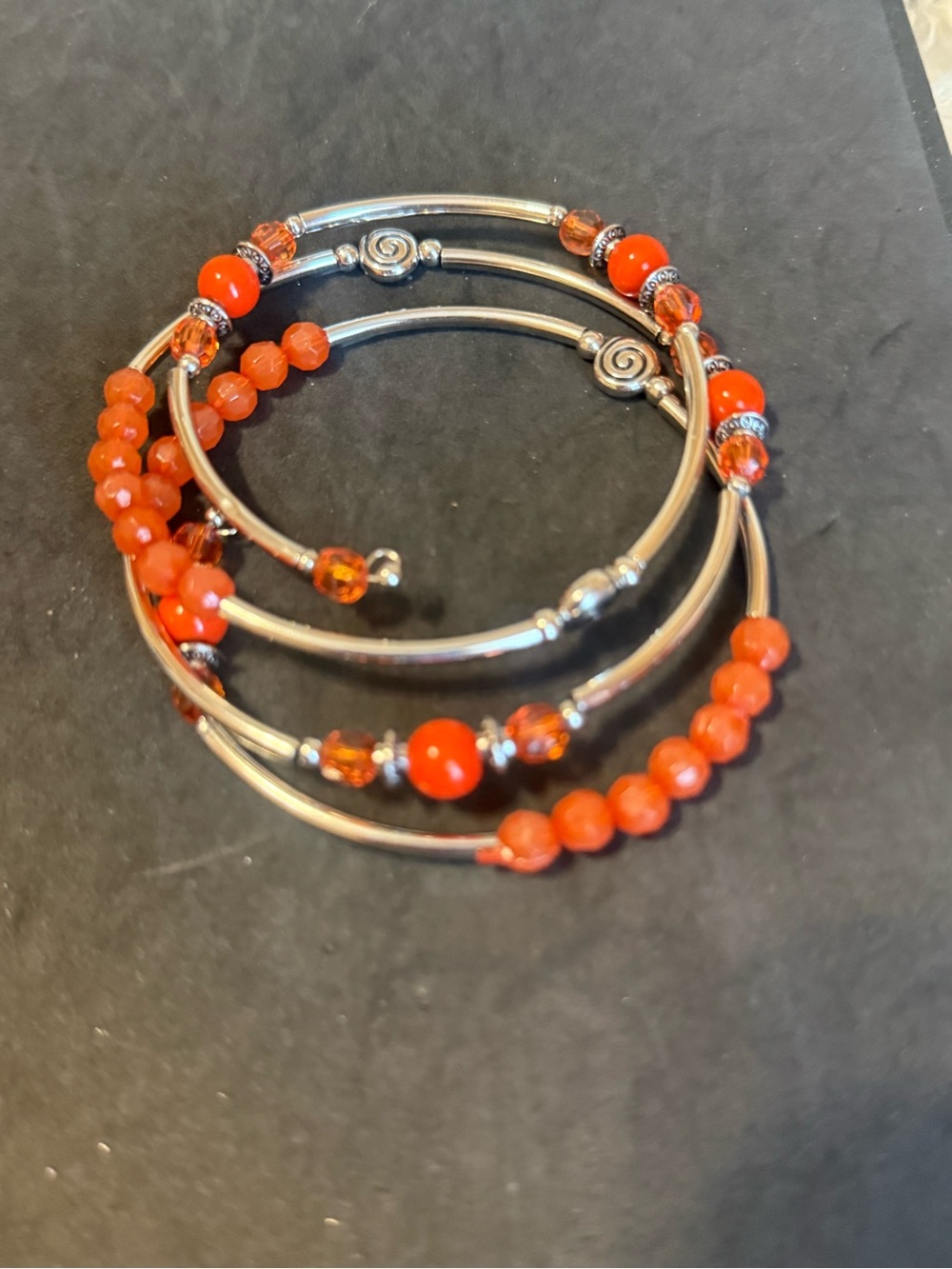 Silver-Tone Orange Beaded Coil Bracelet